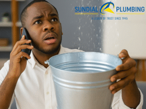 Homeowner on the phone holding a bucket under a leaking ceiling with Sundial Plumbing logo above