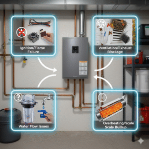 Infographic showing common tankless water heater issues around a wall-mounted unit: ignition/flame failure, water flow issues, overheating/scale buildup, and ventilation/exhaust blockage. Created by Sundial Plumbing for Atlanta homeowners.